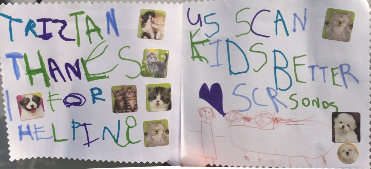 A hand-written thank-you card with stickers and a child's drawing, reading: Tristan, thanks for helping us scan kids better, sonos.